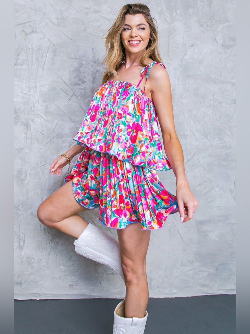 Flying Tomato Floral Romper Tie Strap Ruffle Overlay Pink Blue Resort Vacation L